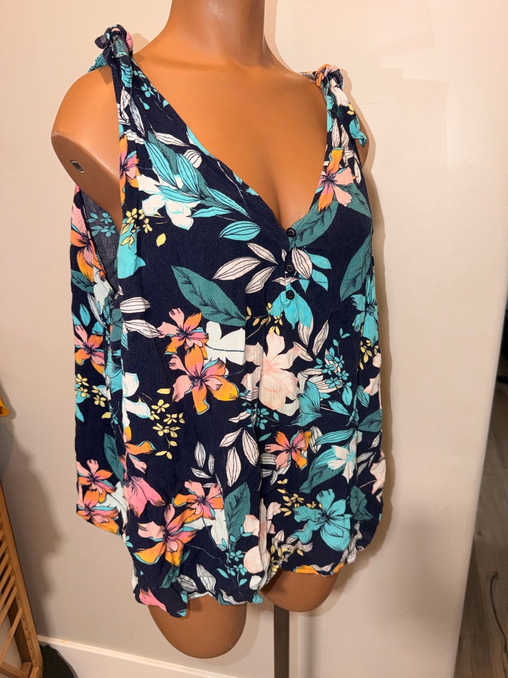 a.n.a Navy Floral V-Neck Halter Tank with Teal & Pink Flowers